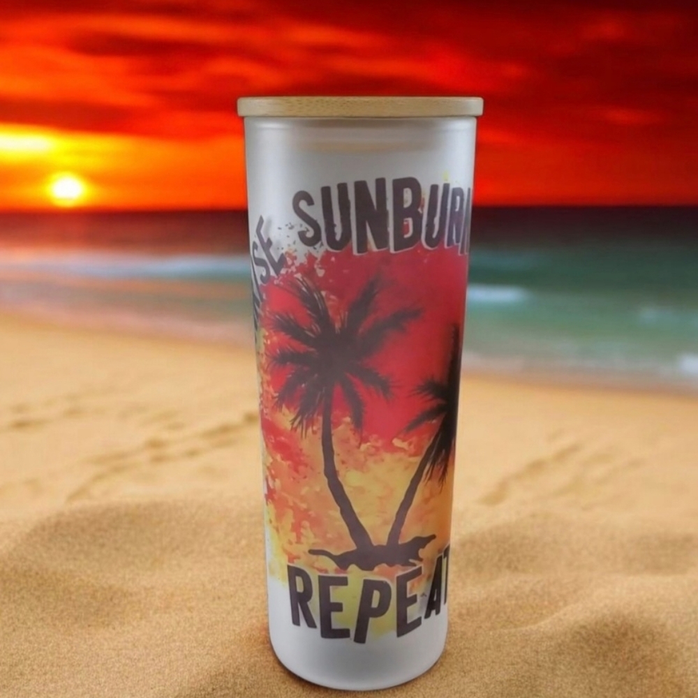 SUNRISE SUNBURN SUNSET REPEAT 20oz Matte Glass Tumbler with duo lids 🎉sale